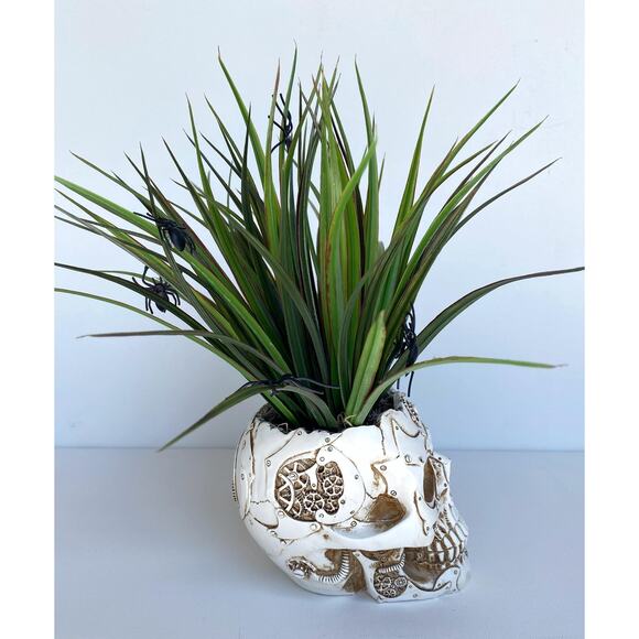 Skull Halloween Decor Plant with Spiders - Skeleton Planter with Faux Plant - Picture 3 of 7